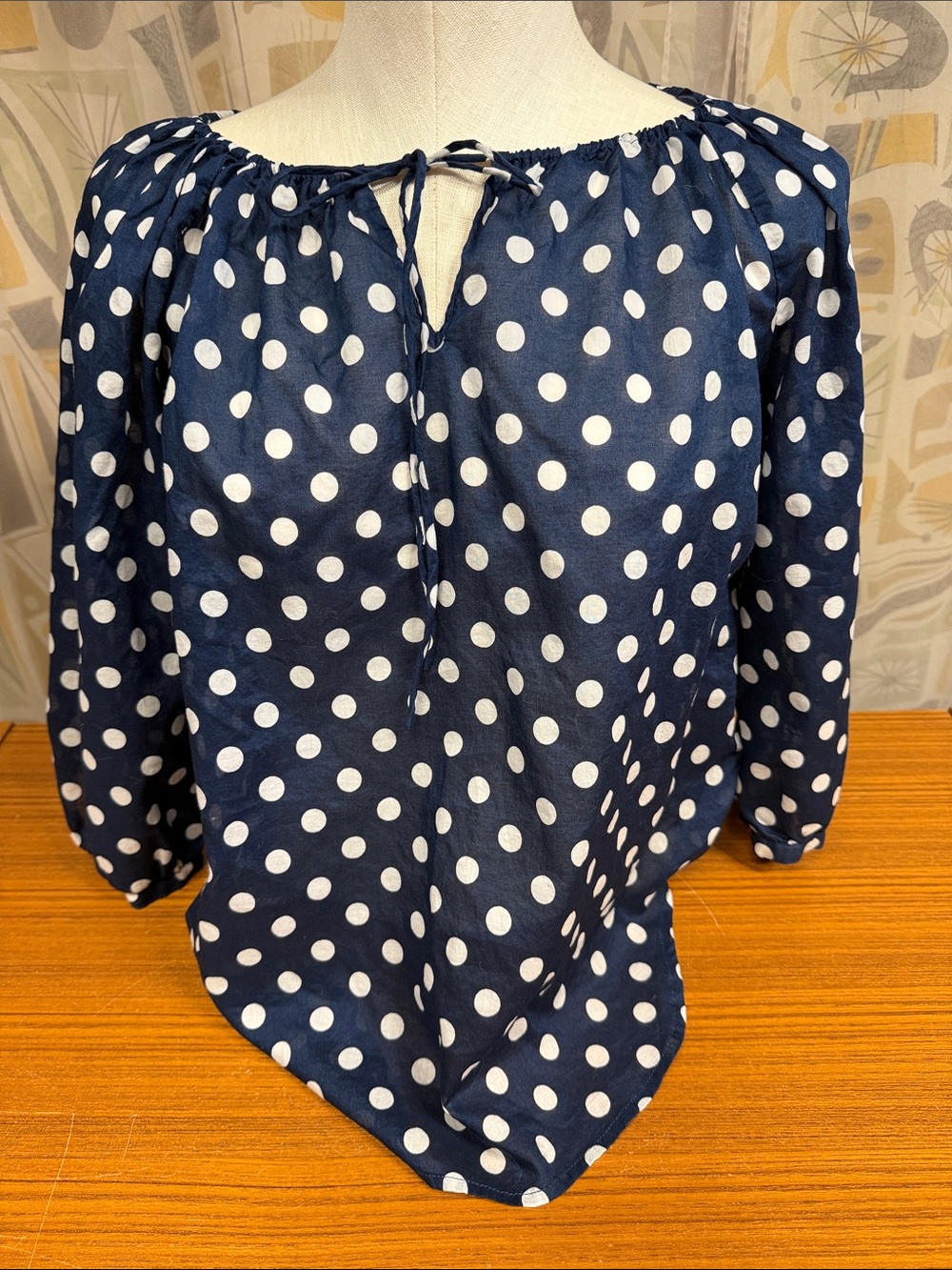 Lauren Ralph Lauren Navy and White Polka Dot 100% Cotton Peasant Blouse Size M